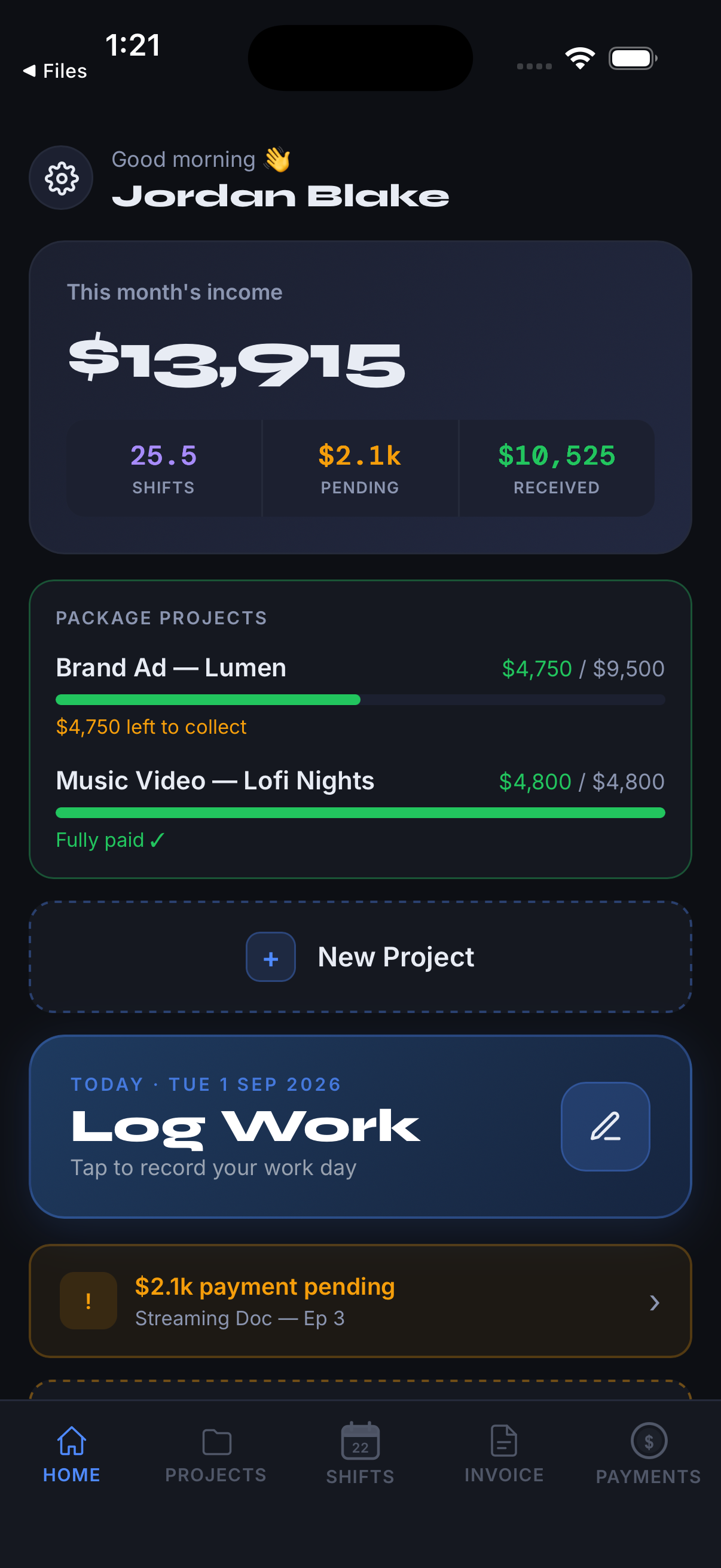 Perday dashboard showing this month's income, shifts, pending and received totals