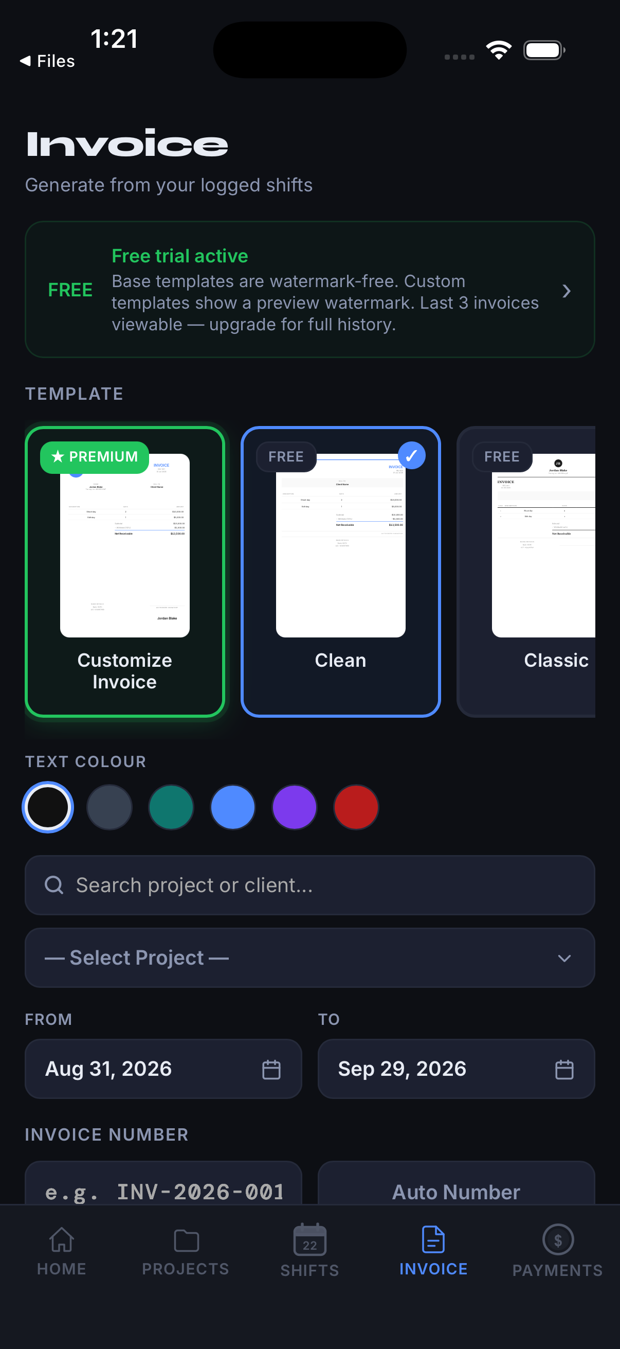 Perday invoice templates with customisable colours