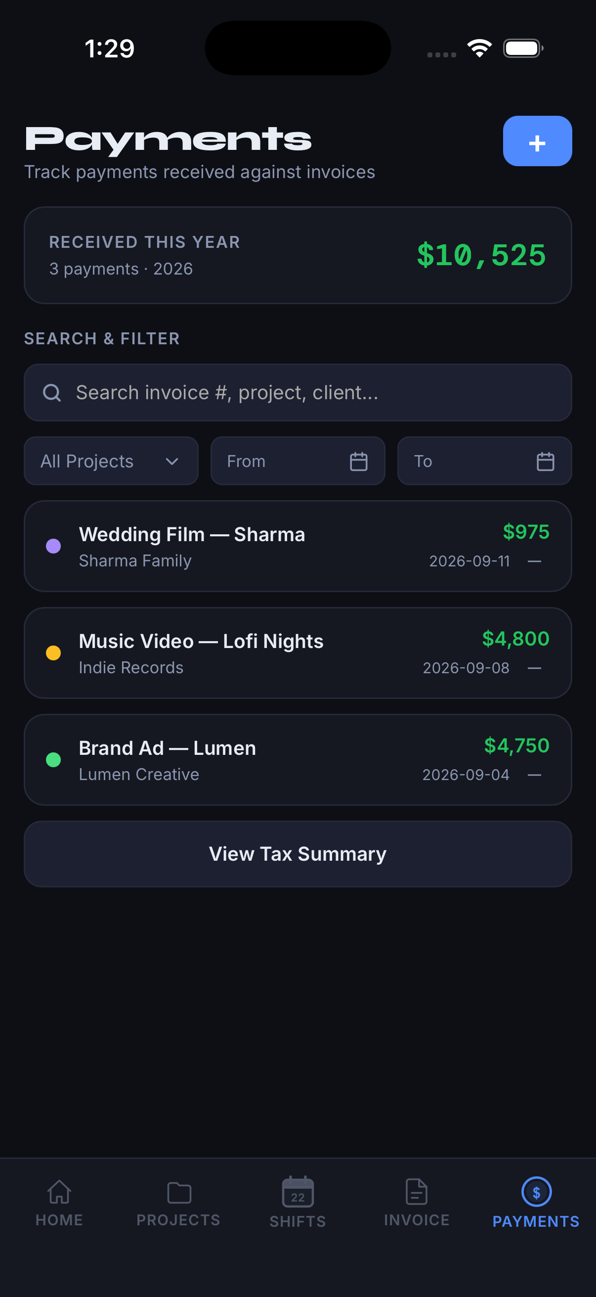 Perday payments screen tracking received amounts against invoices