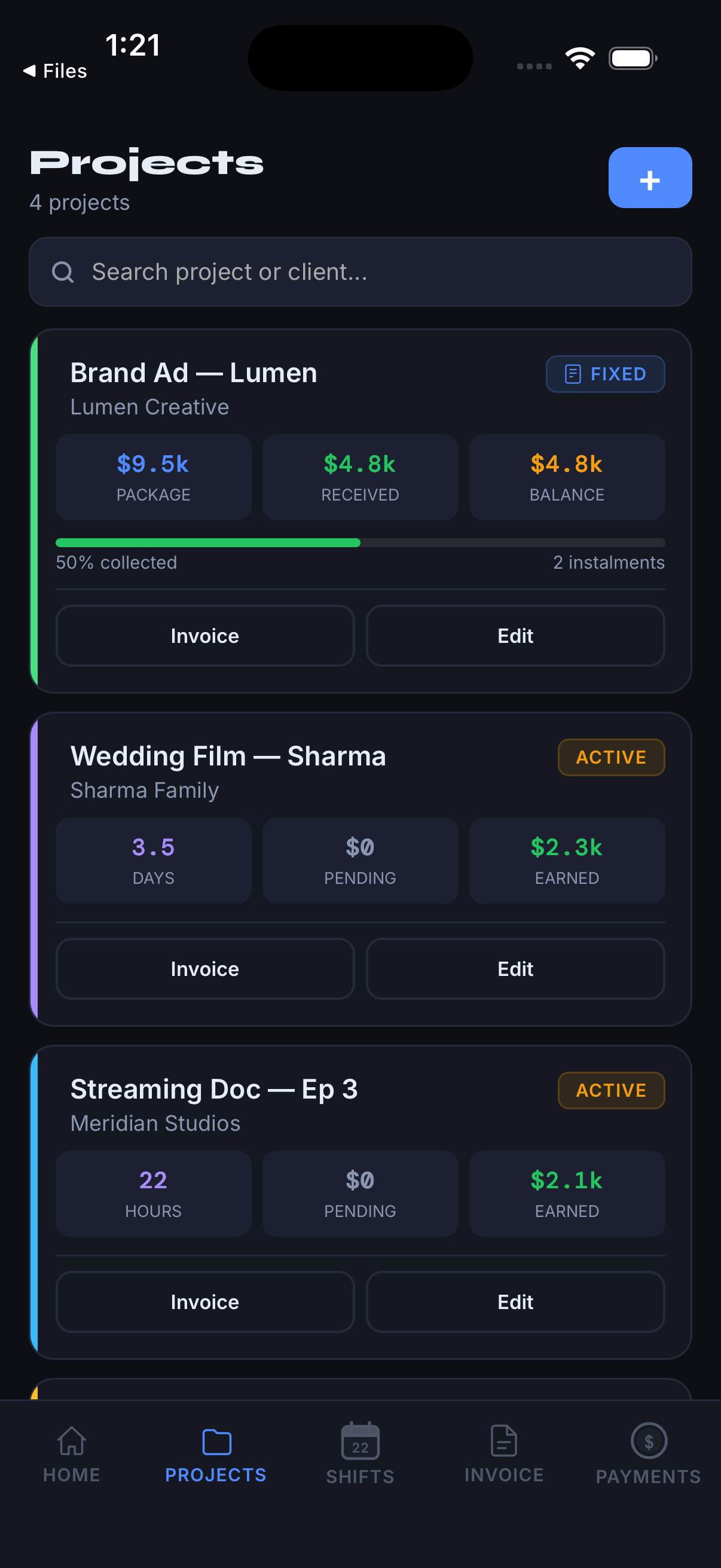 Perday projects list with hourly, per-shift, and fixed-package projects